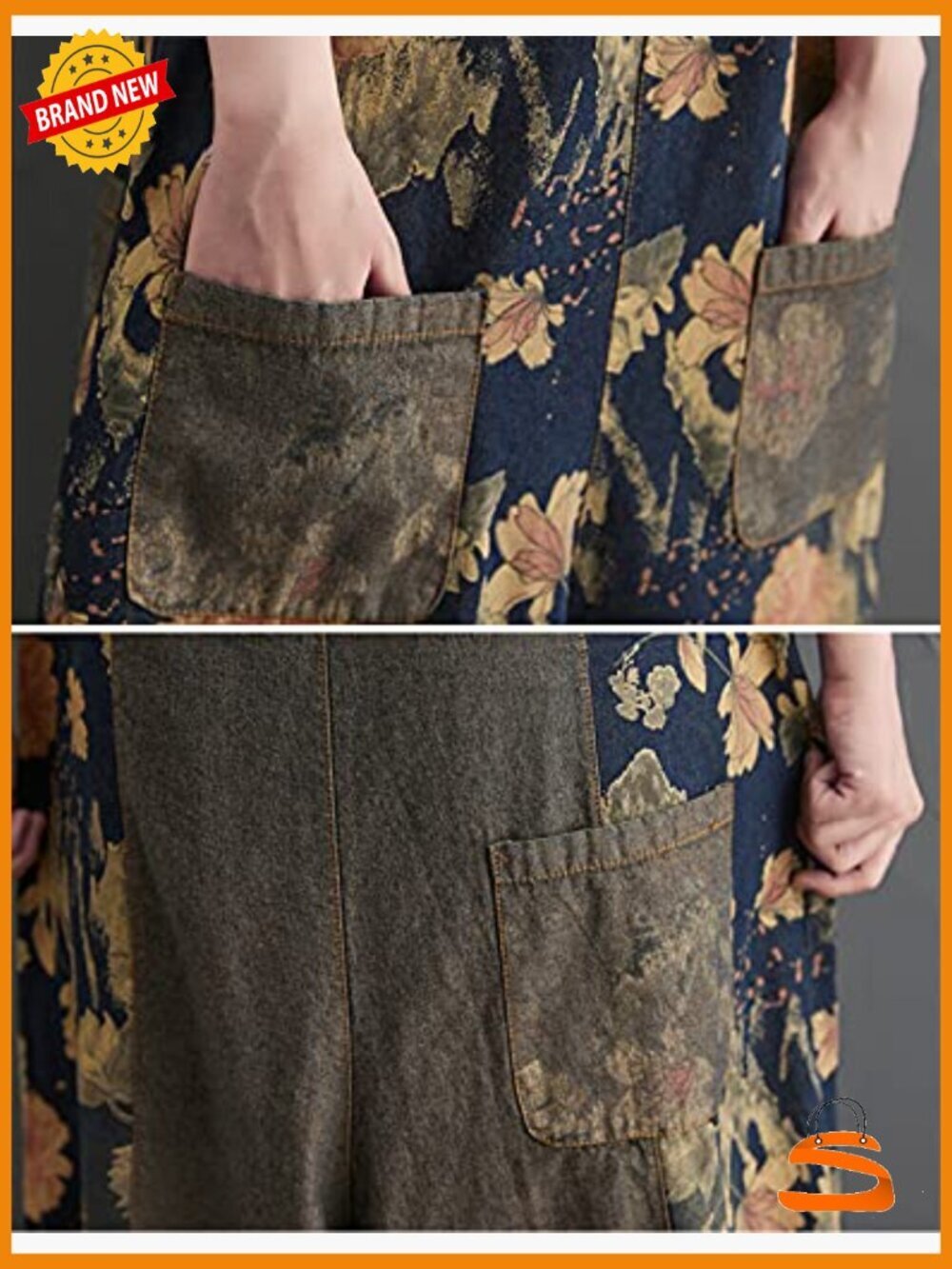 Womens Overalls Jumpsuits Floral Print Denim Baggy Wide Leg Pockets Low Crotch - Picture 4 of 6